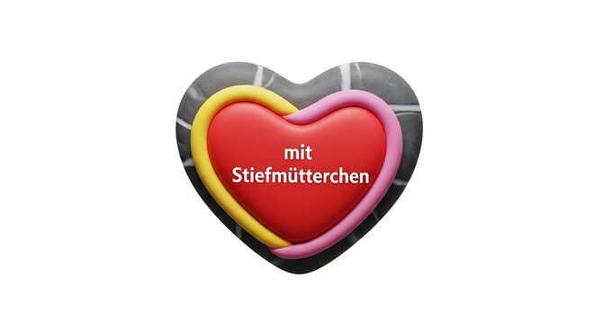 Heart-shaped candy with red, yellow, and pink borders, stone texture background, 'mit Stiefelotti chen' text