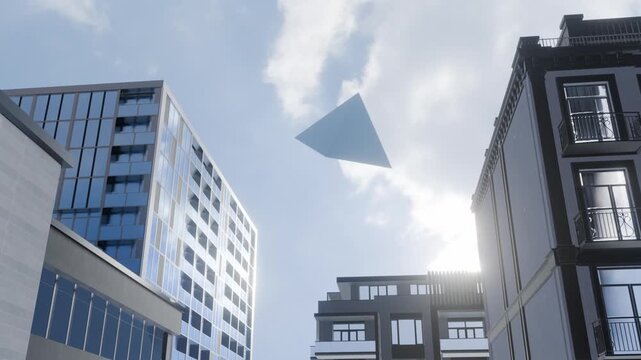 Pyramid UFO UAP Hovering in the sky over a fictional Modern City and Skyscrapers Concept CGI Animation Footage