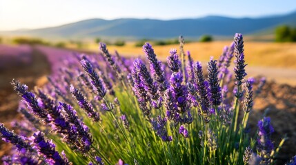 Obraz premium Vibrant Violet Buds in Full Bloom Stretching Across Sunlit Rows