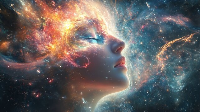 Woman Face with Colorful Galaxy Explosion for Hair in Space
