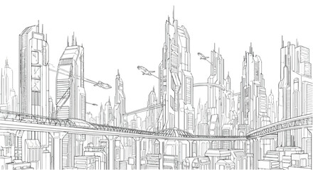 Fototapeta premium Futuristic city skyline sketch with skyscrapers