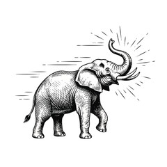 Fototapeta premium Majestic Elephant Walking with Trunk Raised in Sketch Style.