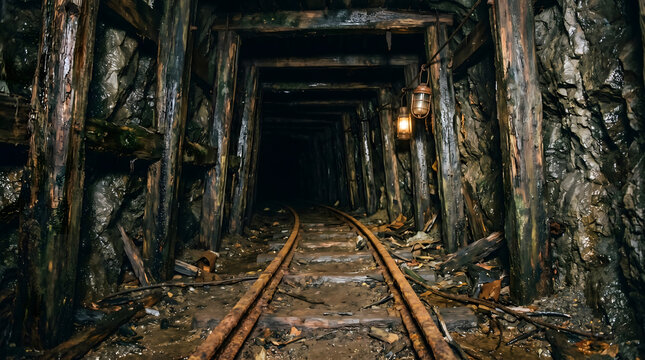 An eerie, dimly lit mine shaft with old wooden supports and rusty train tracks disappearing into darkness.