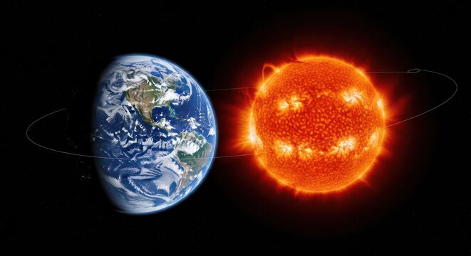 Earth in Orbit Around the Fiery Sun in Space.