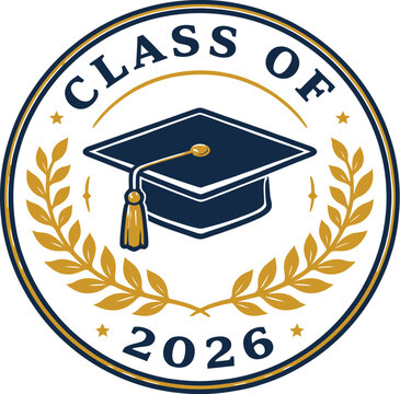 Class of 2026 graduation seal vector, navy blue and gold mortarboard emblem, academic laurel wreath logo design