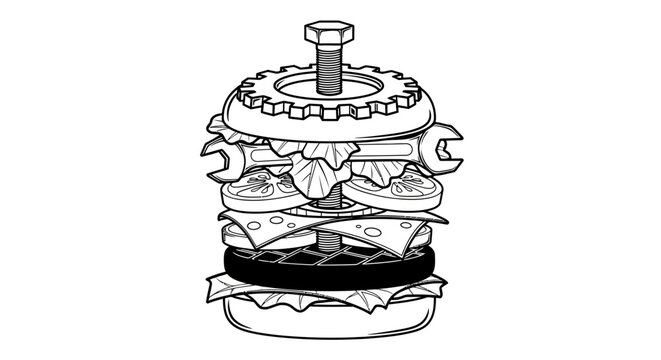 Creative mechanical burger illustration featuring industrial components like nuts, bolts, gears, and wrenches as ingredients, line art