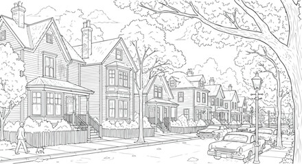 Fototapeta premium Perspective sketch of residential street with trees
