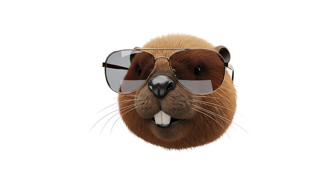 Isolated cartoon beaver wearing aviator sunglasses, with buck teeth and textured fur, against a white background, conveying a cool and playful personality