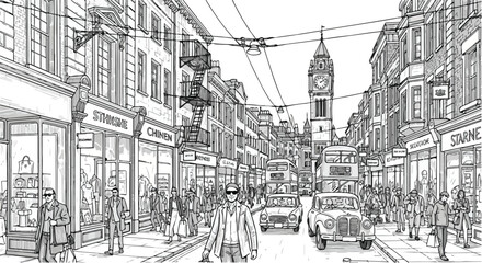 Obraz premium Perspective sketch of urban storefront street