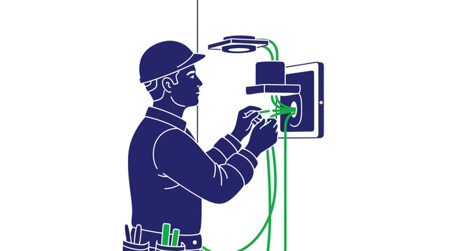 Electrician Technician Installing Electrical Wiring or Fiber Optic Cables, Minimalist Vector Illustration of Maintenance Worker in Hard Hat with Tool Belt