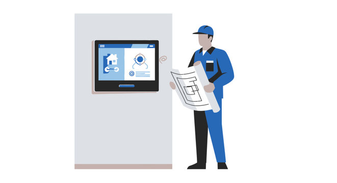 Smart Home Automation Technician Holding Blueprints and Checking Wall-Mounted Digital Control Panel Interface