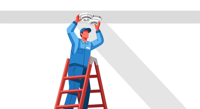 Technician in Blue Uniform Installing Smoke Detectors on Ceiling using a Ladder. Professional Fire Safety Maintenance and Alarm System Installation Concept Illustration.