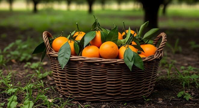 Keranjang penuh buah jeruk segar yang baru dipanen di tengah kebun