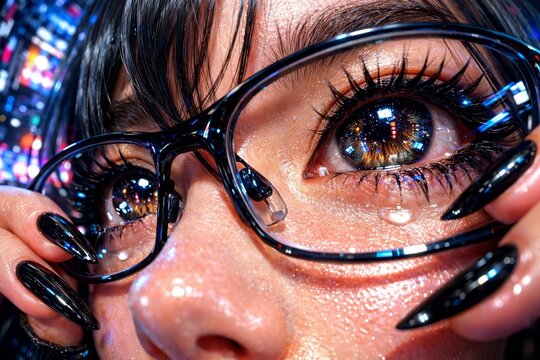 Extreme close-up of a tearful eye behind thick-rimmed glasses reflecting neon city lights, glossy skin and dramatic lashes with black stiletto nails framing the face in vivid detail