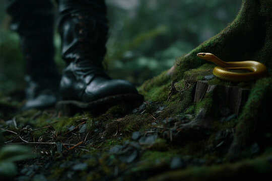 Encounter with a snake in the tropical jungle.