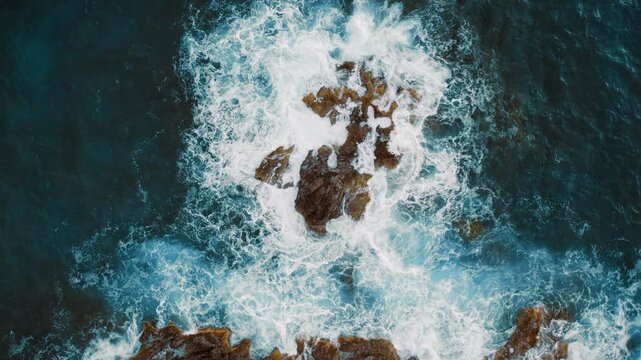Sea turbulence swirls over rugged outcrop in textured marine scene top down view