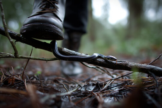 Encounter with a snake in the tropical jungle.
