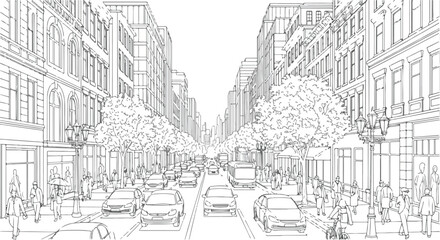 Fototapeta premium Perspective sketch of busy urban street