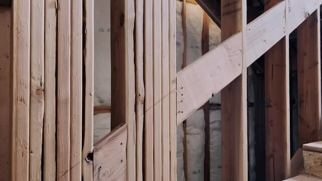 Wooden framing of a multi-storey building, shot from bottom to top, camera movement upward