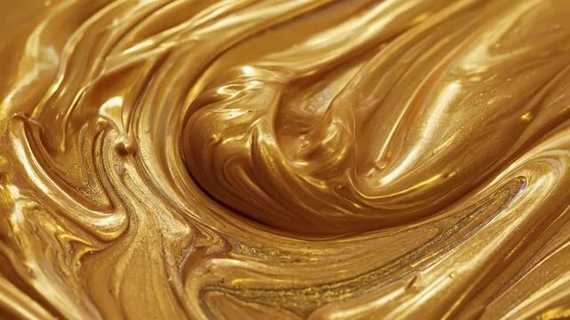 Swirling golden paint creates an abstract and luxurious background with a shiny texture effect