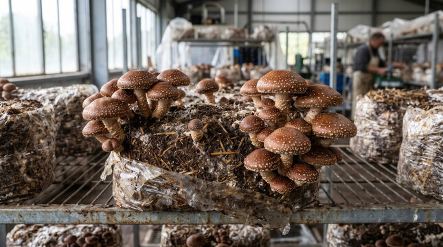 Shiitake mushrooms (Lentinula edodes) are being cultivated in a temperature-controlled environment using organic substrates, demonstrating modern agricultural techniques.