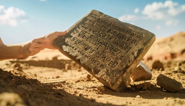 Ancient Sumerian cuneiform tablet being unearthed and examined at an archaeological dig site