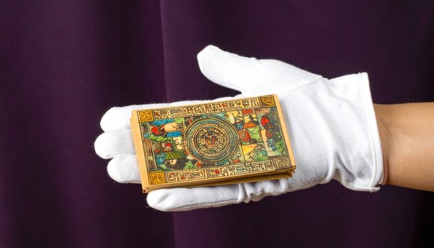 A gloved hand carefully presents a vibrant Mayan codex fragment with intricate illustrations and ancient glyphs