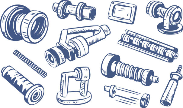 Abstract mechanical and industrial pipe fittings and components doodles.