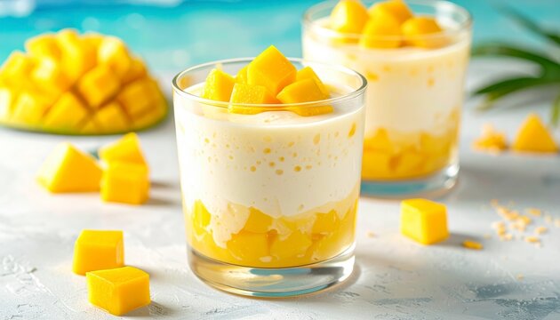 Creamy mango sago dessert with fresh fruit and coconut milk layered in a glass