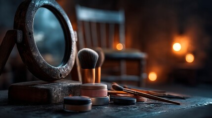 Fototapeta premium Vintage Makeup Setup with Mirror, Brushes, and Powder in Soft Light