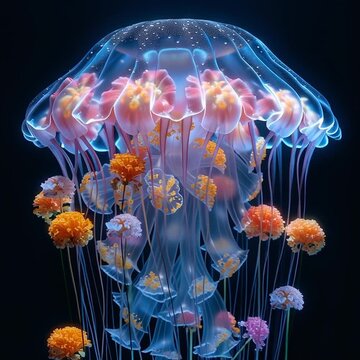A macro photograph of a surreal, crystal-clear fusion of a pristine Moon Jellyfish bell and intricate blooms of Baby's Breath (カスミソウ), Red Roses, Marigolds, yellow Hyacinths, Flannel Flowers