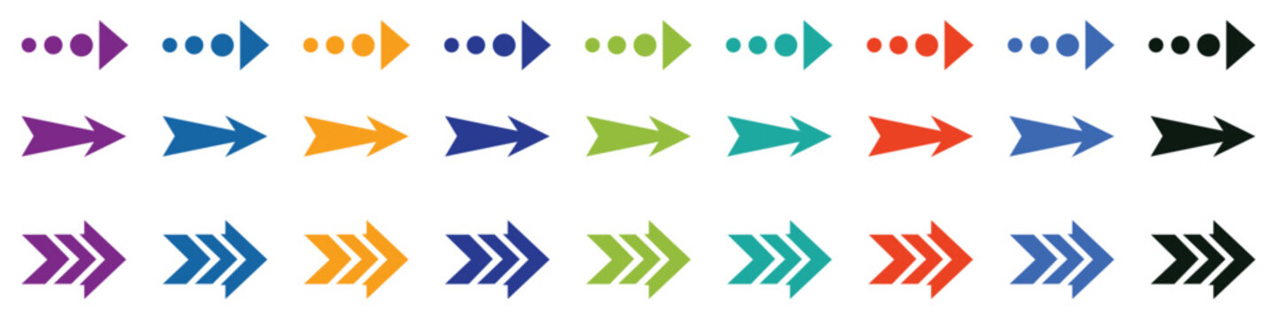 new bright vibrant colorful forward direction pointer navigation arrow signs set graphic elements flat modern vector illustration