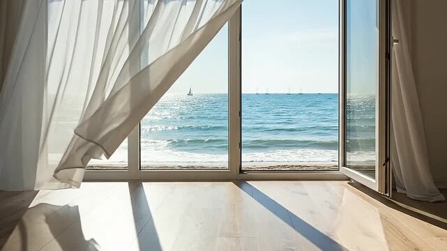 Open window with white curtains overlooking the ocean and a bright sunny day outside