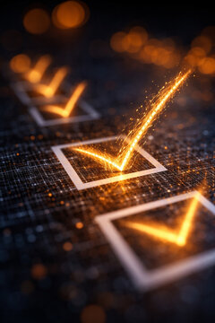AI generated glowing checkmark selecting checkbox on digital grid representing task completion productivity workflow automation and business process technology system