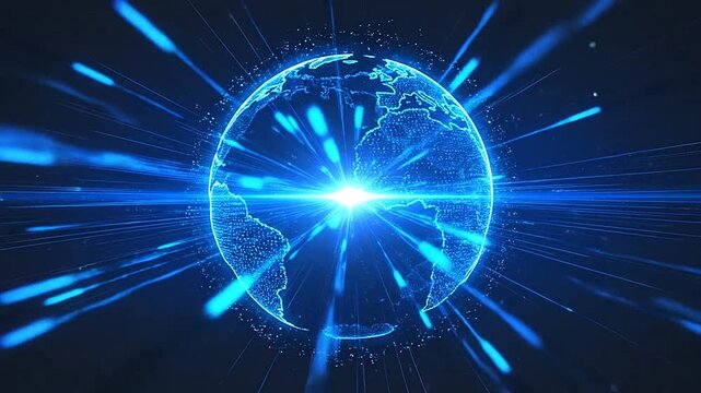 Digital glowing globe with light rays and particles, representing global network connection