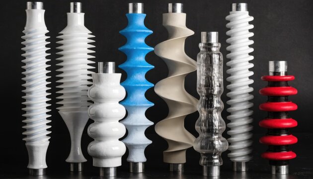 Medium shot focusing on insulators made from metal cores coated with engineered polymers emphasizing electrical isolation and thermal resistance in industrial applications.