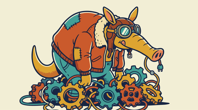 Cartoon steampunk aardvark mechanic wearing aviator goggles fixing gear machine with wrench and tools in vintage vector illustration style