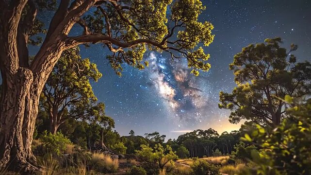 A large tree stands tall under a beautiful night sky filled with countless stars and galaxies