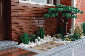 Fototapeta premium Miniature brick house facade with landscaping, featuring a tree, plants, and a walkway