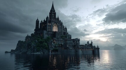 Fototapeta premium Majestic Gothic Castle on Island at Dusk, Dramatic Medieval Fortress Surrounded by Water with Towering Architecture and Moody Sky Reflection