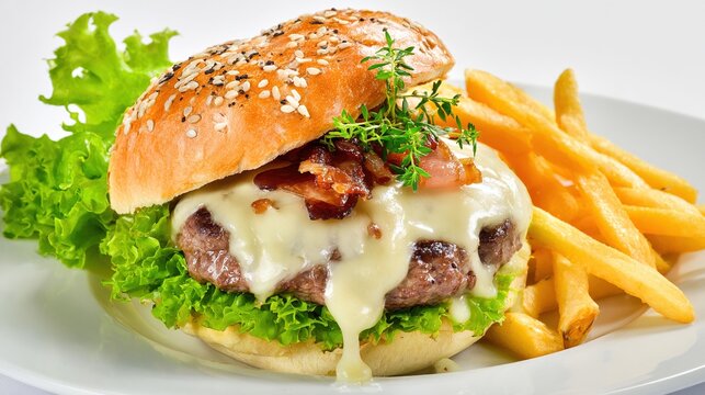 hunger. Delicious burger with melted cheese and crispy fries, presented on a clean white plate. menu design, packaging mockups, designed for food delivery and cloud-kitchen brand materials.