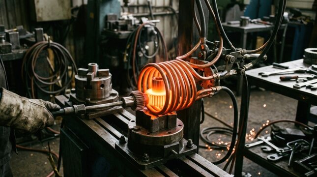 Medium shot capturing induction heating of sears and small parts focusing on rapid localized hardening with visible magnetic coil technology.