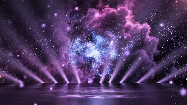 Abstract purple space scene with glowing clouds and light rays