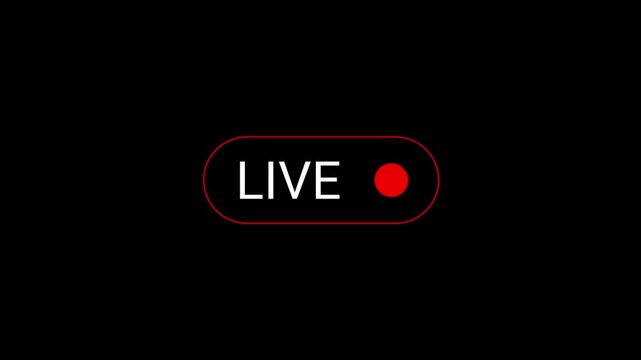 Animated live streaming icon 4K black background, broadcast badge loop for digital content creators, streaming platforms, TV graphics and online video use