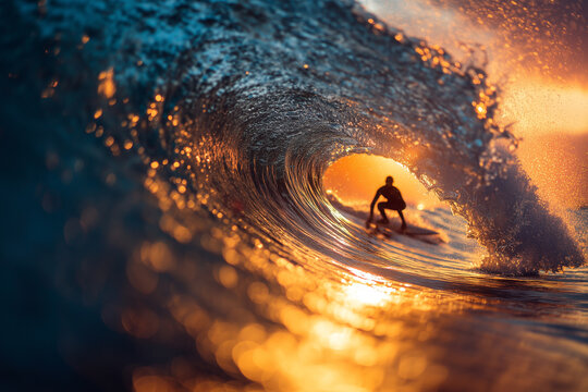 Silhouette of surfer in barrel wave.