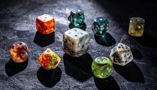 Exquisite collection of unique polyhedral dice crafted from rare gemstones and vibrant resins for tabletop roleplaying games.