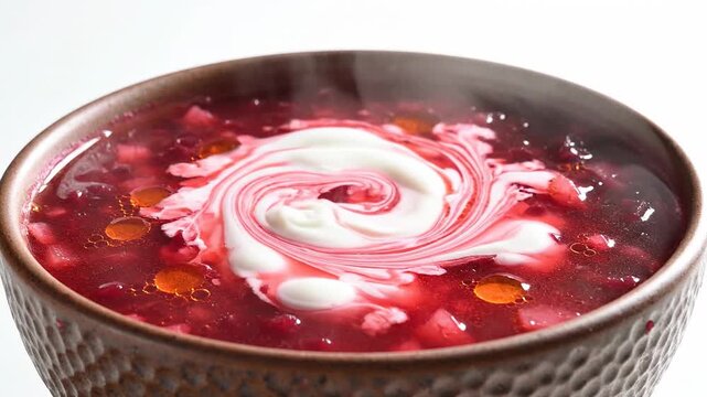 Pouring a swirl of fresh sour cream into a bowl of hot red beet borscht soup.