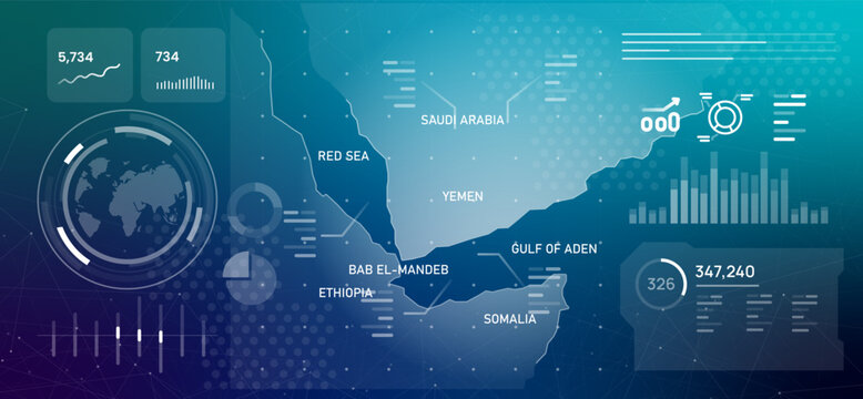 Bab El Mandeb Strait Strategic Map Dashboard with Red Sea Yemen Ethiopia Somalia Saudi Arabia Gulf of Aden Geopolitical Data Visualization Technology Interface Blue Futuristic Design