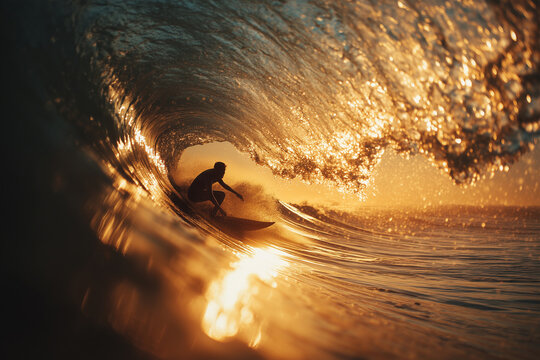 Silhouette of surfer in barrel wave.
