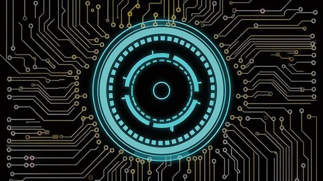 A glowing turquoise digital interface hovers within a circuit board design. Intricate lines and circles. Black background